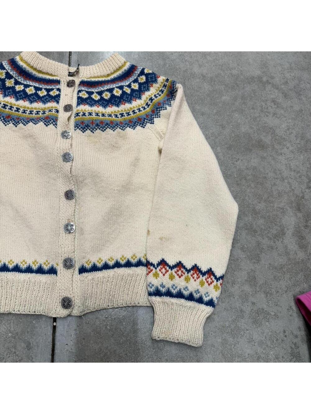 vintage beige blue and white button down knit cardigan sweater size small WOMENS - Picture 2 of 3